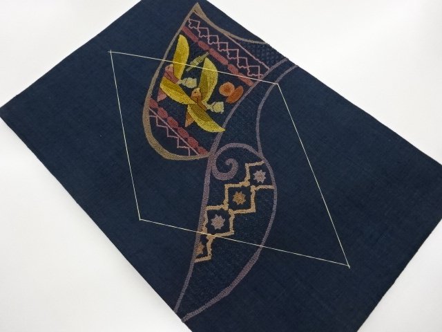 JAPANESE KIMONO / UNUSED NAGOYA OBI / TSUMUGI / EMBROIDERY / ABSTRACT BIRD 